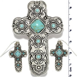 Cross Earth Stone Turquoise Pendant Earring Set Silver PD4089