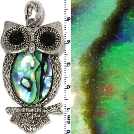 Abalone Pendant Owl Big Eye Green Silver PD4094