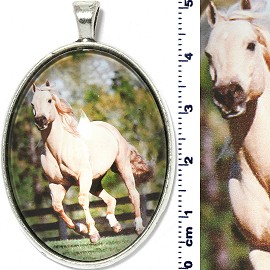 Oval Circle Pendant Running Horse Wood Fence White PD4096