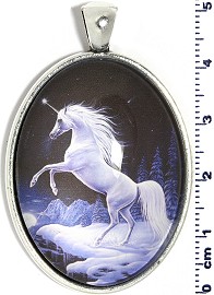 Oval Picture Pendant Unicorn Horse White Black Silver Tone PD508