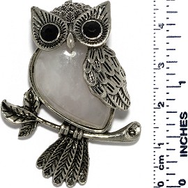 Owl Branch Gem Stone Tear Pendant Metallic Black White PD562