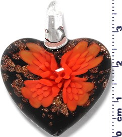 Glass Pendant Murano Heart Flower Black Gold Orange PD563