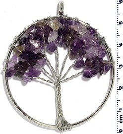 Tree Of Life Stone Metallic Pendant Silver Tone Purple PD578
