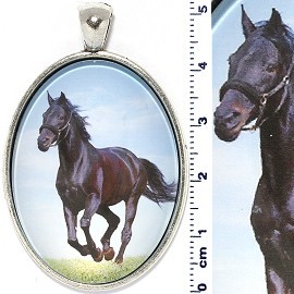 Oval Circle Pendant Running Horse Dark Brown Silver Tone PD592