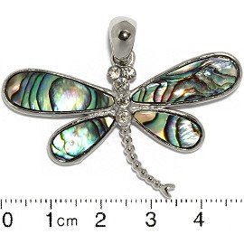 Abalone Pendant Dragonfly Green Silver Metallic Tone PD593