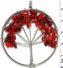 Tree Of Life Stone Metallic Pendant Silver Tone Red PD605