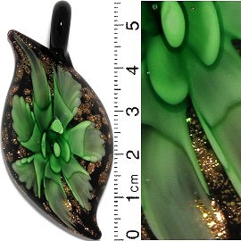 Glass Pendant Flower Leaf Oval Point Black Gold Green PD629