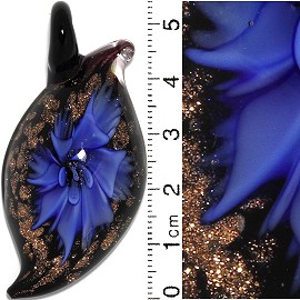 Glass Pendant Flower Leaf Oval Point Black Gold Blue PD634