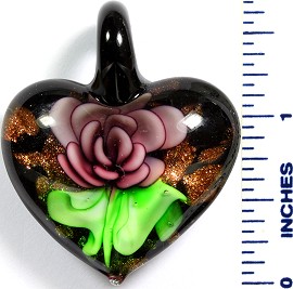 Glass Pendant Flower Heart Black Green Purple PD771
