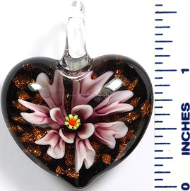 Glass Pendant Flower Heart Black Purple PD777