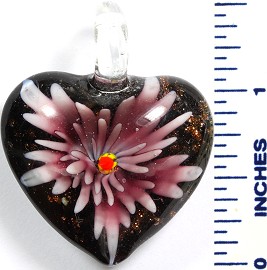 Glass Pendant Flower Heart Black Purple PD779