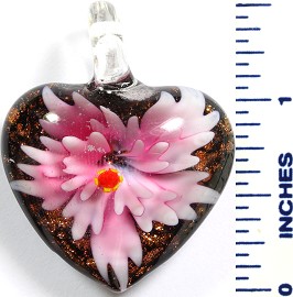 Glass Pendant Flower Heart Black Pink PD781