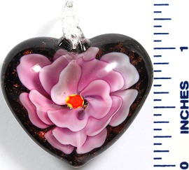 Glass Pendant Flower Heart Black Pink PD785