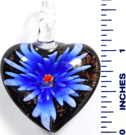 Glass Pendant Flower Heart Black Blue PD791
