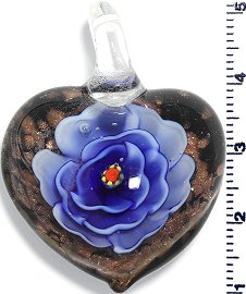 Glass Pendant Heart Flower Black Gold Blue PD802
