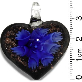 Glass Pendant Flower Heart Black Gold Blue PD831