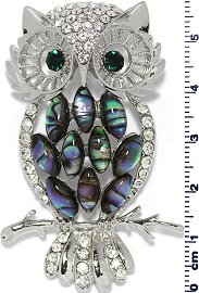 Abalone Pendant Owl Rhinestones Silver Green PD839