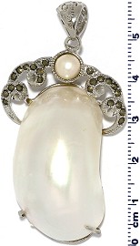 Mother of Pearl Nacre Oval Pendant Rhinestone White PD877