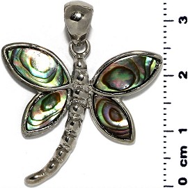 Abalone Dragonfly Pendant Silver Tone Green PD909