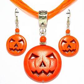 Pumpkin Head Earring Pendant Necklace Set Orange PDT108