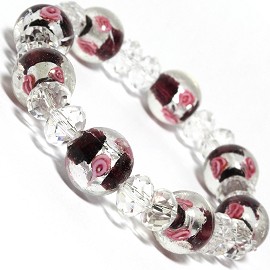 7" Stretch Bracelet Glass Rose Crystal Bead Clear Purple SBR318