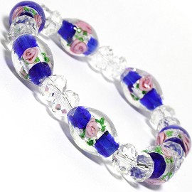 7" Stretch Bracelet Glass Rose Crystal Bead Oval ColbBlue SBR355