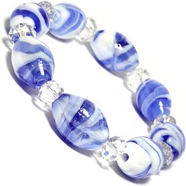 7" Glass Crystal Oval Bead Stretch Bracelet White Lt Blue SBR365