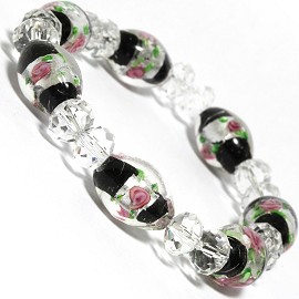 7" Stretch Bracelet Glass Rose Crystal Bead Oval Cl Black SBR379