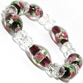 7" Stretch Bracelet Glass Rose Crystal Bead Oval ClPurple SBR381