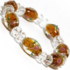 7" Stretch Bracelet Glass Rose Crystal Bead Oval DkYellow SBR384
