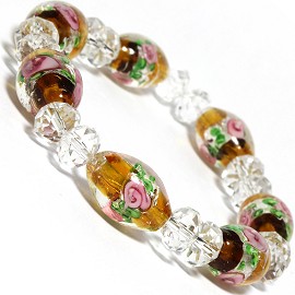 7" Stretch Bracelet Glass Rose Crystal Bead Oval DkYellow SBR385