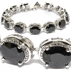 7" Zircon Oval Crystal Bracelet Silver Tone Shiny Black SBR532