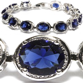 7" Zircon Oval Crystal Bracelet Silver Tone Dark Blue SBR559