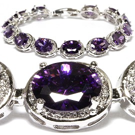 7" Zircon Oval Crystal Bracelet Silver Tone Purple SBR562