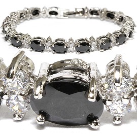 7" Zircon Oval Crystal Rhinestone Bracelet Silver Black SBR564