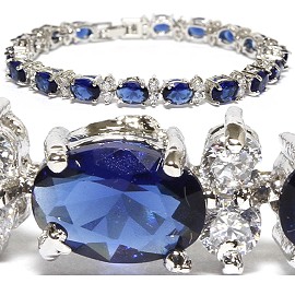 7" Zircon Oval Crystal Bracelet Silver Tone Blue Clear SBR568