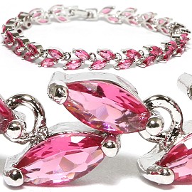 7" Zircon Double Oval Crystal Bracelet Silver Tone Pink SBR574