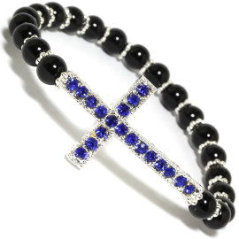 Cross Stretch Bracelet 7mm Bead Rhinestone Black Blue SBR622