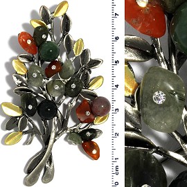 Brooch Pin Pendant Stone Beads Leaves Gray Yellow Green Spp175