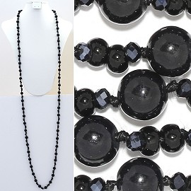 Necklace Lariat 60" Crystal Oval Round Beads Black ZN024