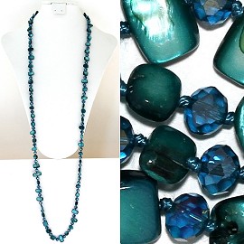 44" Lariat Necklace Oval Crystal Rectangle Stone Bead Teal ZN045