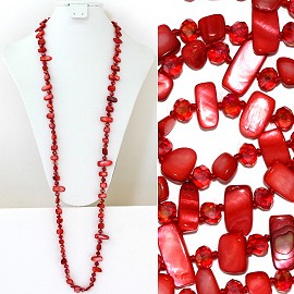 44" Lariat Necklace Oval Crystal Rectangle Stone Bead Red ZN054
