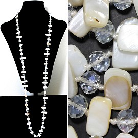44" Lariat Necklace Oval Crystal Rectangle Stone White ZN064