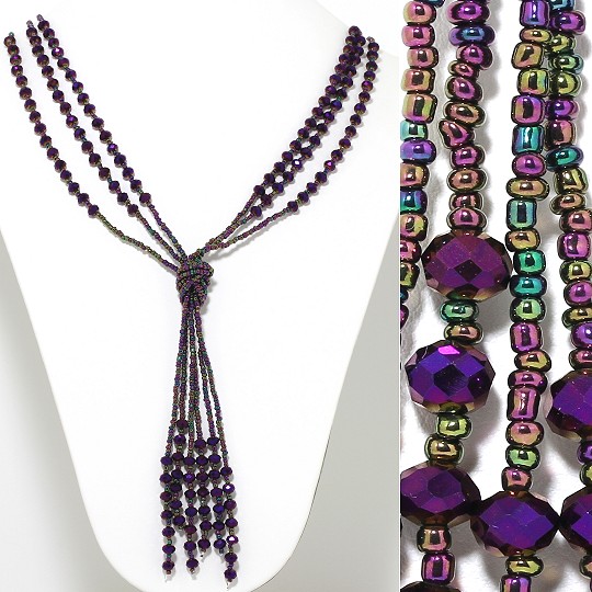 Necklace Lariat 3-Line Crystal Bead Aurora Borealis Purple ZN080