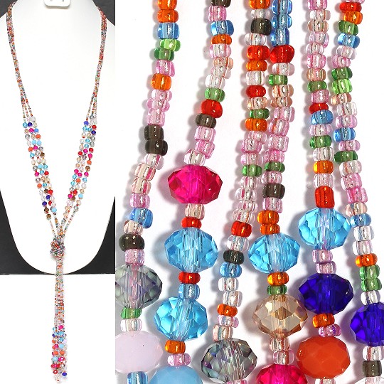 Necklace Lariat Crystal String Beads Mix Multi Color Pink ZN081