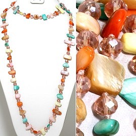46" Lariat Necklace Flat Stone Oval Crystal Bead Mix Turqu ZN096