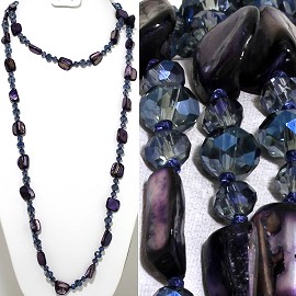 46" Lariat Necklace Mix Shape Shell Crystal Bead Dk Purple ZN104