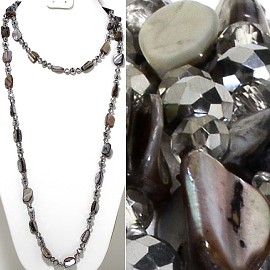 46" Lariat Necklace Mix Shape Shell Crystal Bead Gray Silv ZN107