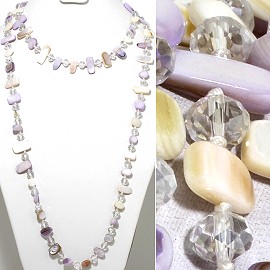 46" Lariat Necklace Flat Stone Crystal Bead Light Mix Colo ZN112