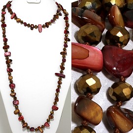 46" Lariat Necklace Flat Stone Crystal Bead Brown Maroon ZN115